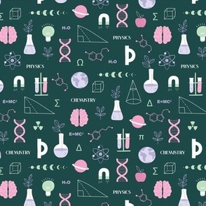 Little Scientist -  Modern boho Science student design with dna chemistry and physics icons brain nerd and collega classroom illustrations pink lilac on forest green SMALL