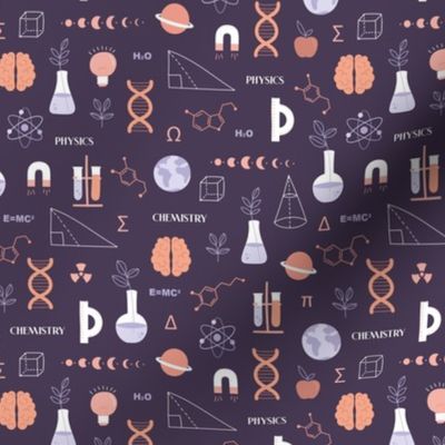 Little Scientist - Modern boho Science student design with dna chemistry and physics icons brain nerd and collega classroom illustrations orange lilac on dark purple SMALL 