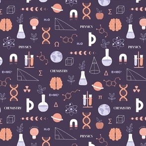Modern boho Science student design with dna chemistry and physics icons brain nerd and collega classroom illustrations orange lilac on dark purple SMALL 