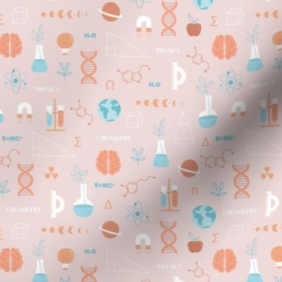 Little Scientist - Modern boho Science student design with dna chemistry and physics icons brain nerd and collega classroom illustrations orange blue on blush sand SMALL 
