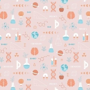 Modern boho Science student design with dna chemistry and physics icons brain nerd and collega classroom illustrations orange blue on blush sand SMALL 