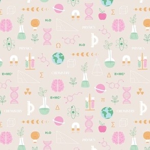 Little Scientist - Modern boho Science student design with dna chemistry and physics icons brain nerd and collega classroom illustrations pink mint on beige sand pastel SMALL