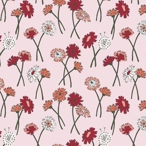 292 - Dandelion Meadow, cool red and blush flowers on palest pink background - large scale for wallpaper, bed linen, bag making, home furnishings