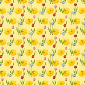 Easter Chicks & Tulips I XS size I 3" I on Yellow Joy