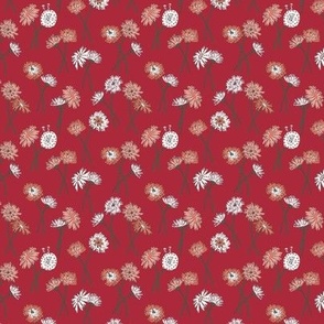 292 - Dandelion Meadow, blush and cream flowers on cool red background - small scale for wallpaper, bed linen, bag making, home furnishings
