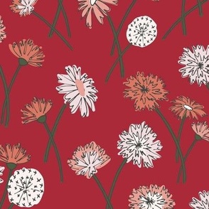292 - Dandelion Meadow, blush and cream flowers on cool red background - large scale for wallpaper, bed linen, bag making, home furnishings