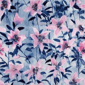 Watercolor flowers - indigo and blush pink
