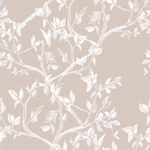 Blush Pink and White Tree and Leaves Wallpaper, Neutral Botanical, Panel Style, Chinoiserie,, Hand Drawn