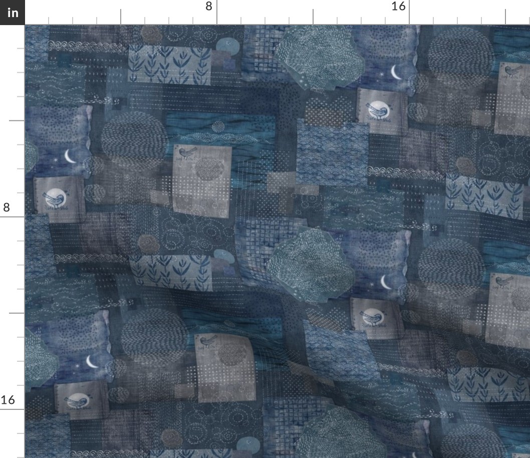 Sashiko Indigo Linen | Japanese stitch patterns on a dark blue linen texture, patchwork, boro cloth, visible mending, kantha quilt in navy blue and gray.