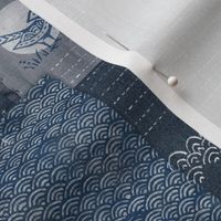 Sashiko Indigo Linen (large scale) | Japanese stitch patterns on a dark blue linen texture, patchwork, boro cloth, visible mending, kantha quilt in navy blue and gray.