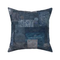 Sashiko Indigo Linen (large scale) | Japanese stitch patterns on a dark blue linen texture, patchwork, boro cloth, visible mending, kantha quilt in navy blue and gray.