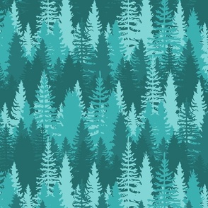 Large Endless Evergreen Forest with Fir Trees in Shades of Aqua Blue