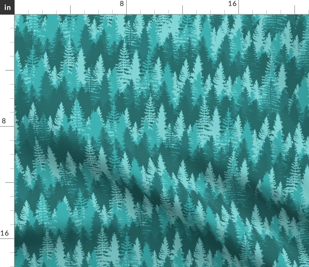 Endless Evergreen Forest with Fir Trees in Shades of Aqua Blue