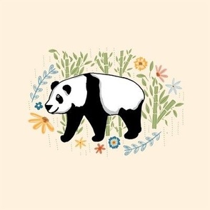 Cute Panda bear walking in the flowers and bamboo - 8 inch panel