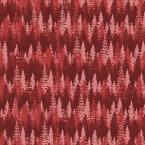 Endless Evergreen Forest with Fir Trees in Shades of Red