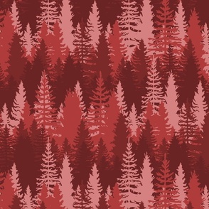 Large Endless Evergreen Forest with Fir Trees in Shades of Red