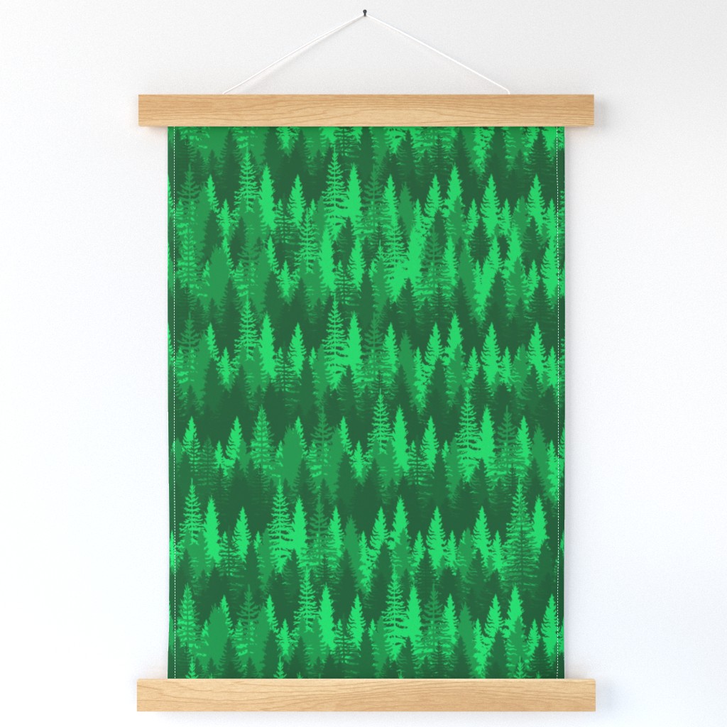 Endless Evergreen Forest with Fir Trees in Shades of Bright Green