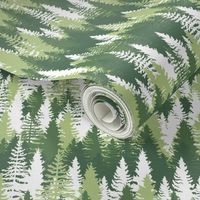 Endless Evergreen Forest with Fir Trees in Shades of Green and White