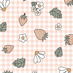 Large Boho Strawberries Gingham in Muted Pink Peach Green