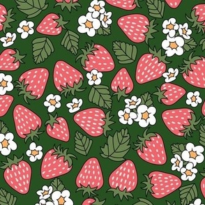 Large Strawberries with Leaves Blossom Flowers Tossed in Pink Dark Green
