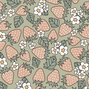 Large Boho Strawberries Tossed Muted Summer Fruits on Sage Green