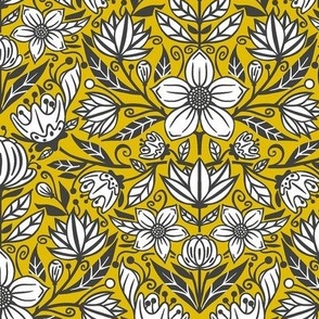 Damask Flowers on Yellow and Gray / Small Scale