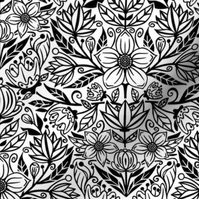 Damask Flowers on Black and White / Small Scale