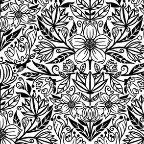 Damask Flowers on Black and White / Small Scale