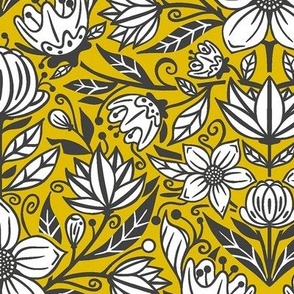 Damask Flowers on Yellow and Gray / Medium Scale