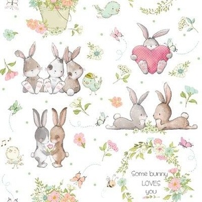 8" Some Bunny Loves You- Cute Bunnies, Butterflies and Flowers, 8 inch repeat