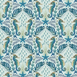 Pocket for baby seahorses - pregnant male seahorse  damask - blue on dusty green - small