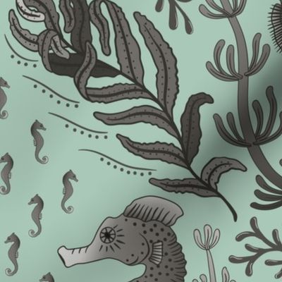 Pocket for baby seahorses - pregnant male seahorse  damask - warm grey on dusty green - large