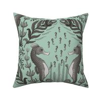 Pocket for baby seahorses - pregnant male seahorse  damask - warm grey on dusty green - large