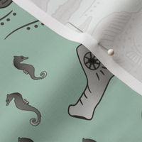 Pocket for baby seahorses - pregnant male seahorse  damask - warm grey on dusty green - large