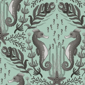 Pocket for baby seahorses - pregnant male seahorse  damask - warm grey on dusty green - large