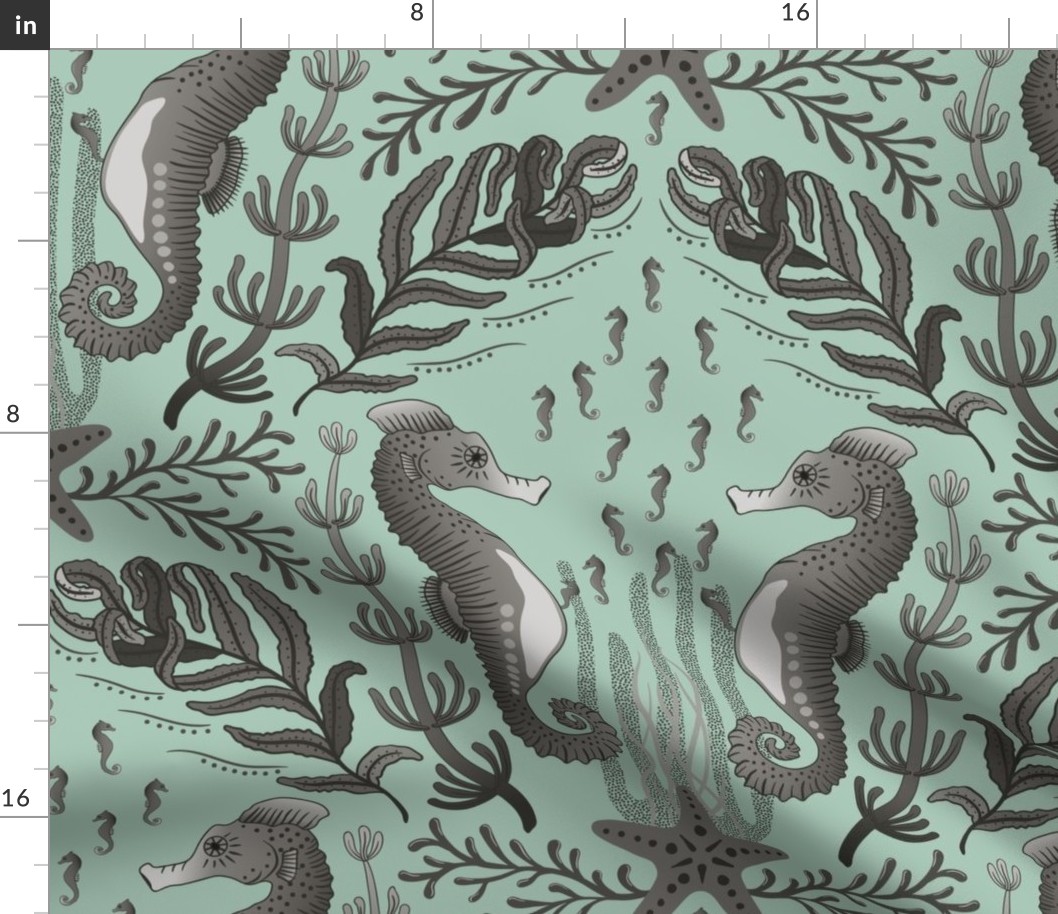 Pocket for baby seahorses - pregnant male seahorse  damask - warm grey on dusty green - large