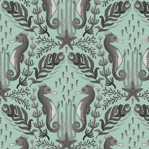 Pocket for baby seahorses - pregnant male seahorse  damask - warm grey on dusty green - medium