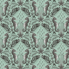 Pocket for baby seahorses - pregnant male seahorse  damask - warm grey on dusty green - small