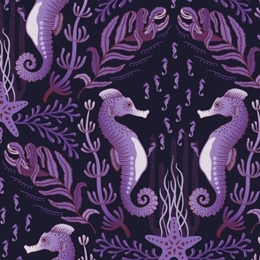 Pocket for baby seahorses - colourful pregnant male seahorse  damask - purple, maroon on black - large