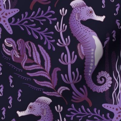 Pocket for baby seahorses - colourful pregnant male seahorse  damask - purple, maroon on black - medium