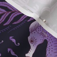 Pocket for baby seahorses - colourful pregnant male seahorse  damask - purple, maroon on black - medium