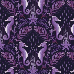 Pocket for baby seahorses - colourful pregnant male seahorse  damask - purple, maroon on black - medium