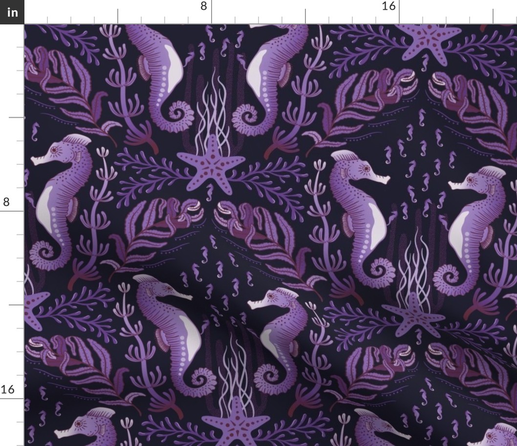 Pocket for baby seahorses - colourful pregnant male seahorse  damask - purple, maroon on black - medium