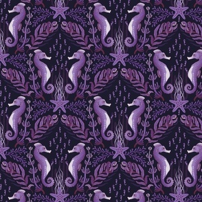 Pocket for baby seahorses - colourful pregnant male seahorse  damask - purple, maroon on black - small