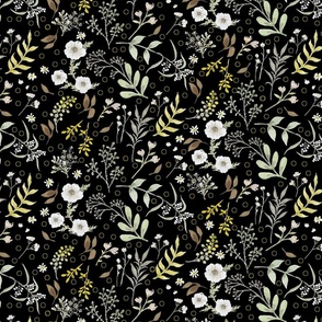 White Wildflowers on Black Floral