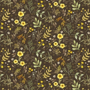 Yellow Wildflowers on Dark Brown Floral Watercolor