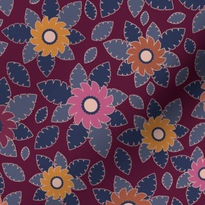 367 $ - Burgundy Floral bouquet with mustard, coral and navy blue - 100 patterns project - medium scale for kids apparel, skirts panels, home decor and soft furnishings.