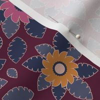 367 $ - Burgundy Floral bouquet with mustard, coral and navy blue - 100 patterns project - medium scale for kids apparel, skirts panels, home decor and soft furnishings.