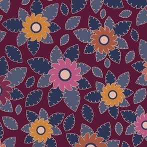 367 $ - Burgundy Floral bouquet with mustard, coral and navy blue - 100 patterns project - medium scale for kids apparel, skirts panels, home decor and soft furnishings.