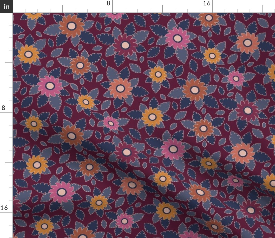 367 $ - Burgundy Floral bouquet with mustard, coral and navy blue - 100 patterns project - medium scale for kids apparel, skirts panels, home decor and soft furnishings.